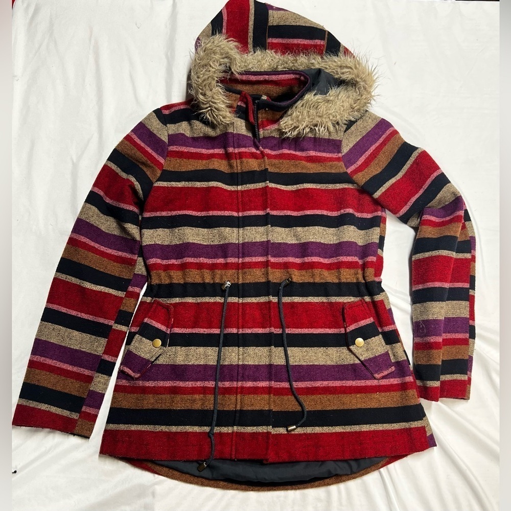 VINTAGE Mossimo Womens Sz L Y2K Wool Coat Fur Lined Hoodie‎ Bella Swan Elena